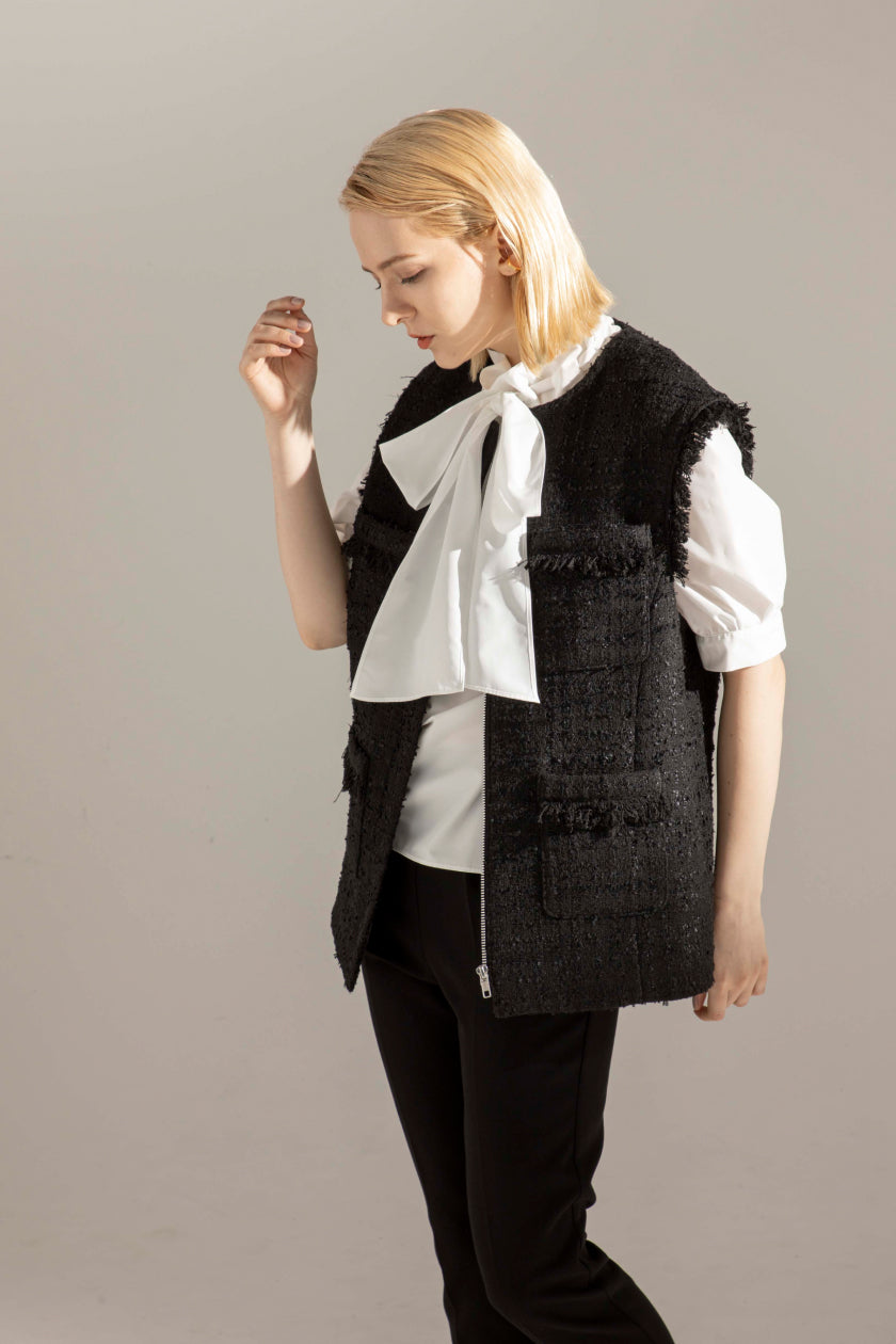 em. エムドットRibbon Yarn Tweed Gilet 黒estnationtheo - ベスト/ジレ